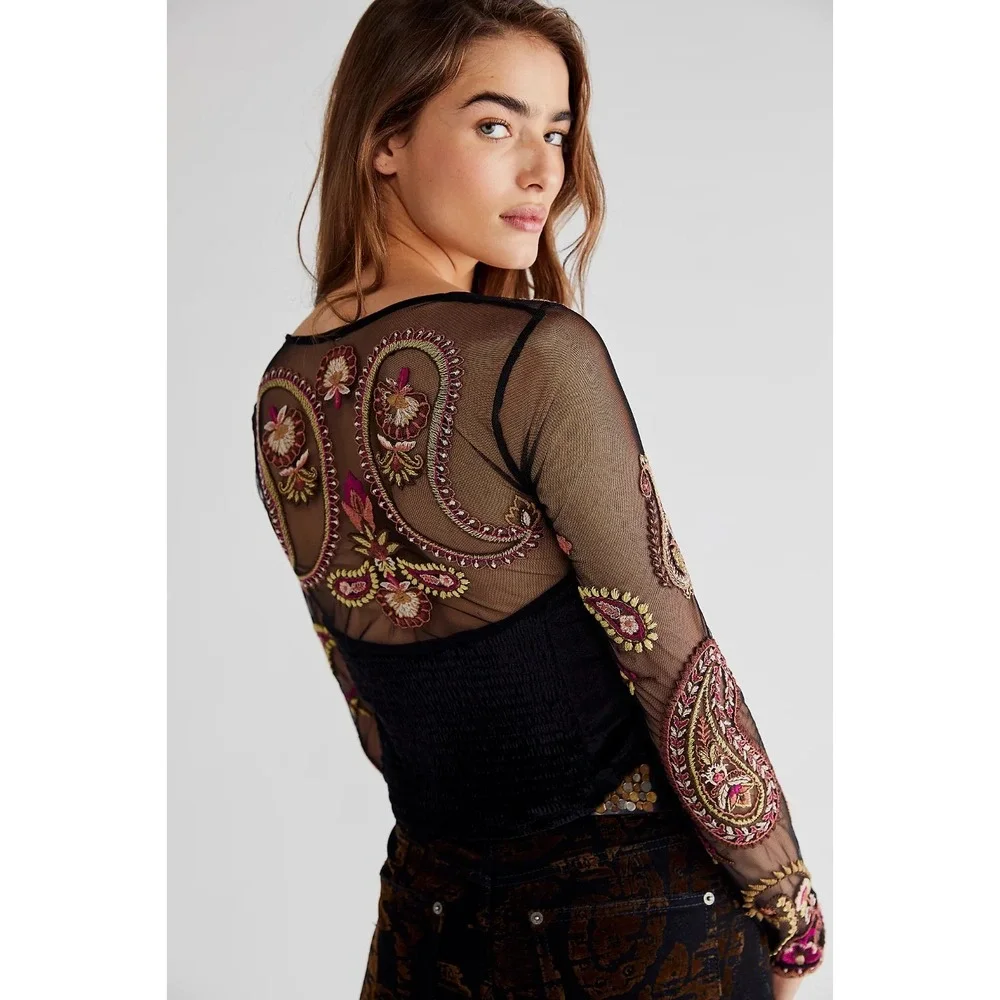 Free People Velvet Florence Embroidered Mesh Long Sleeve Top In Black Size S
